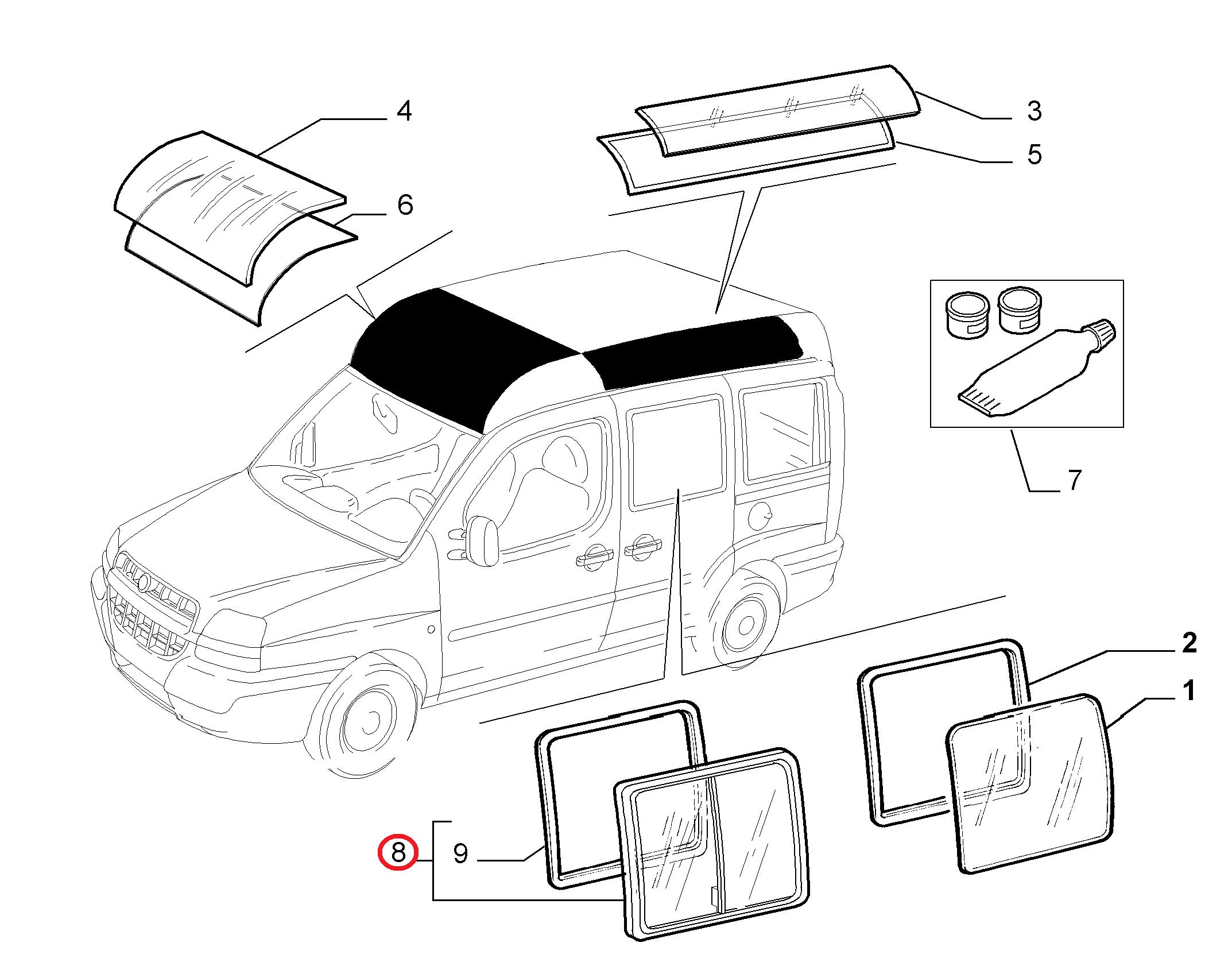 Стекло боковое сдвижной двери правой Fiat Doblo Panorama